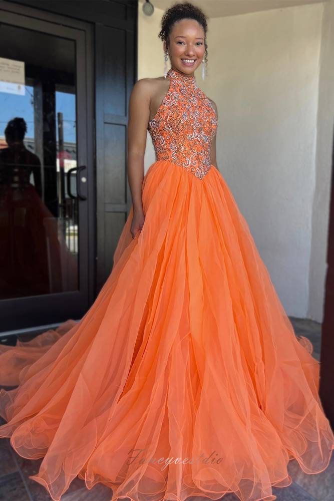 Halter Orange Sequin Applique A-Line Long Prom Dress