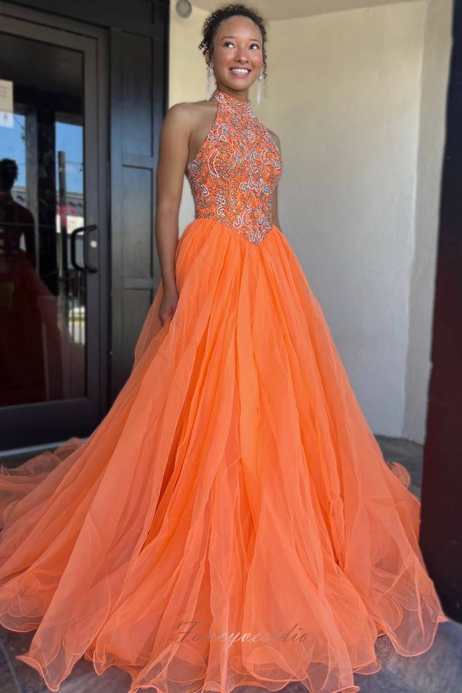 Halter Orange Sequin Applique A-Line Long Prom Dress