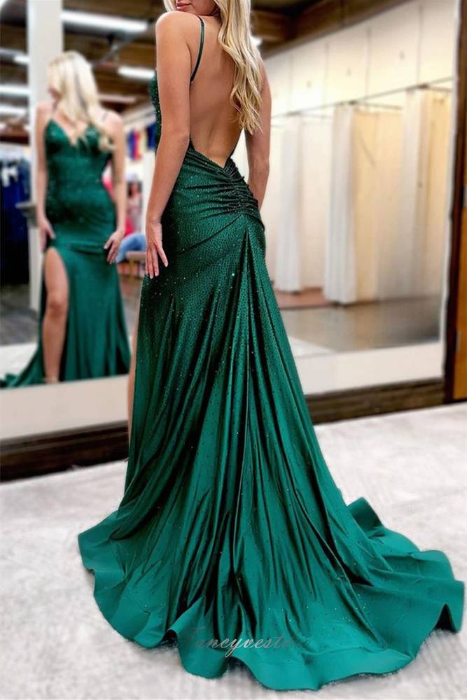 Straps Royal Blue Beaded Mermaid Prom Dress with Slit