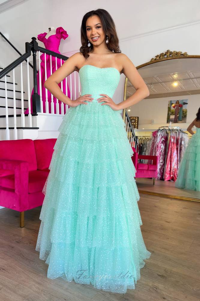 Strapless Mint Green Ruffle Prom Dress with Slit