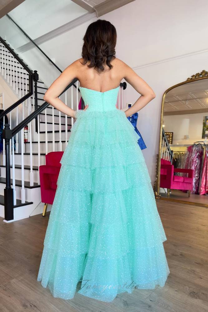 Strapless Mint Green Ruffle Prom Dress with Slit