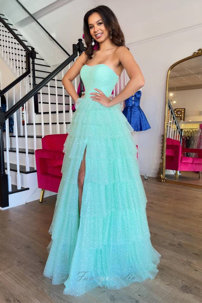 Strapless Mint Green Ruffle Prom Dress with Slit