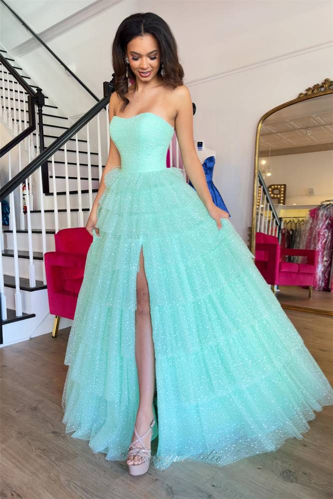 Strapless Mint Green Ruffle Prom Dress with Slit