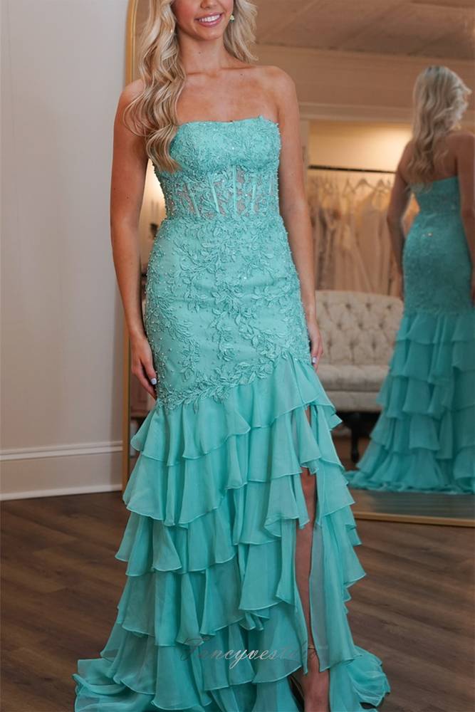 Strapless Applique Ruffle Mermaid Prom Dress with Slit