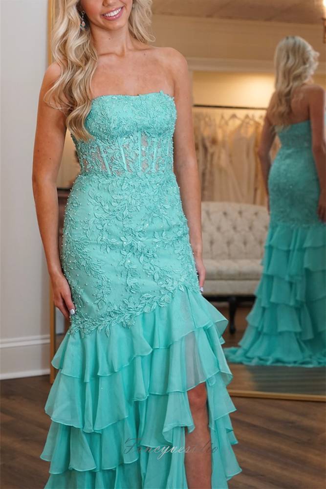 Strapless Applique Ruffle Mermaid Prom Dress with Slit