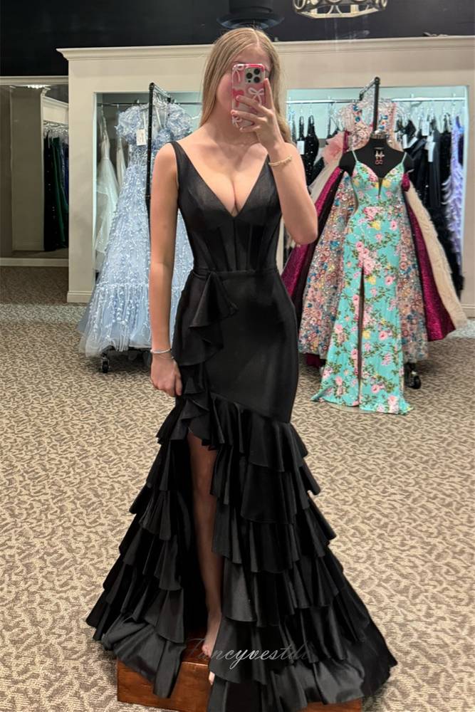 Black V-Neck Ruffle Mermaid Prom Dress with Lace-up