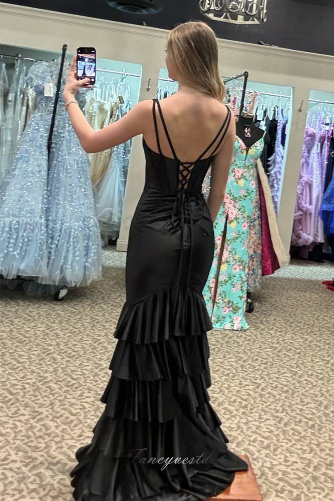 Black V-Neck Ruffle Mermaid Prom Dress with Lace-up