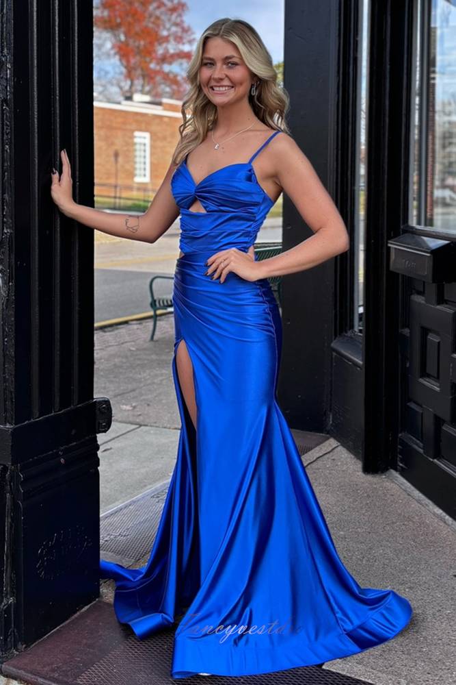 Royal Blue Straps Keyhole Pleated Mermaid Slit Prom Dress