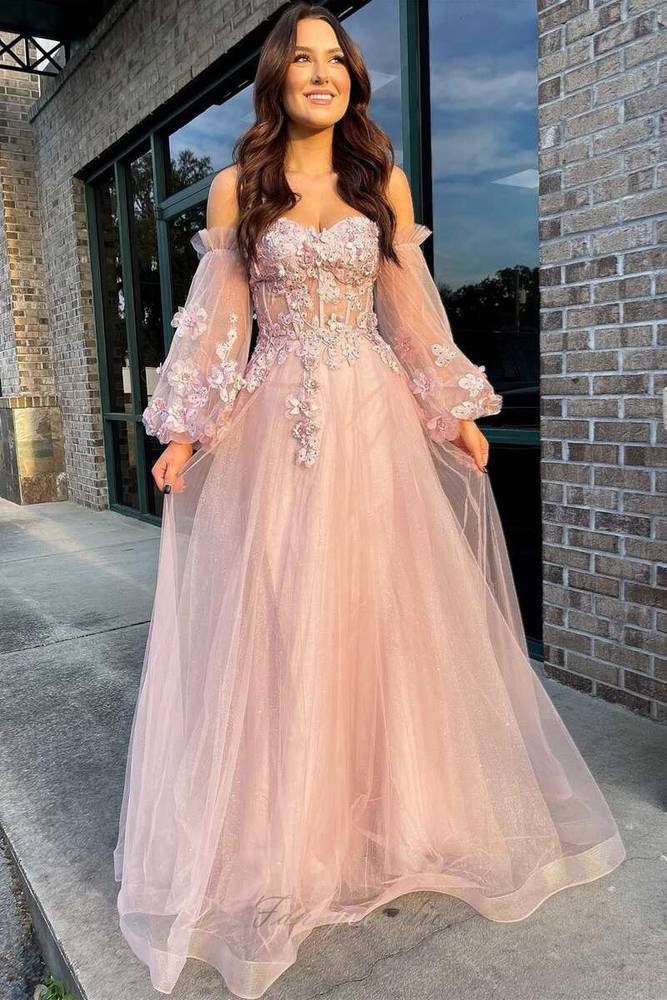 Pink Sweetheart Applique A-Line Prom Dress with Long Sleeves