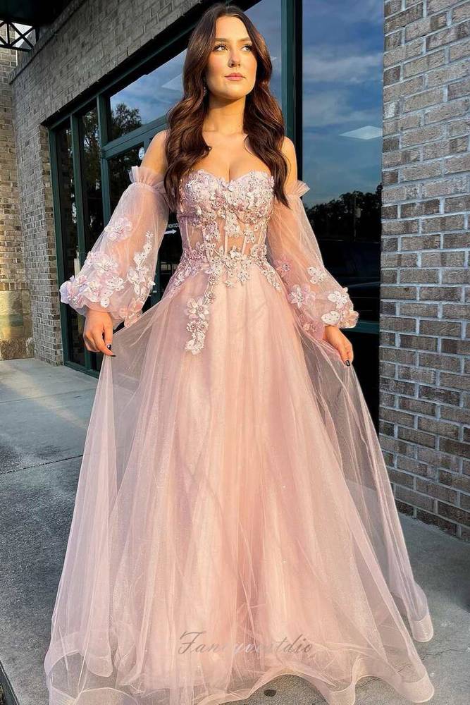 Pink Sweetheart Applique A-Line Prom Dress with Long Sleeves