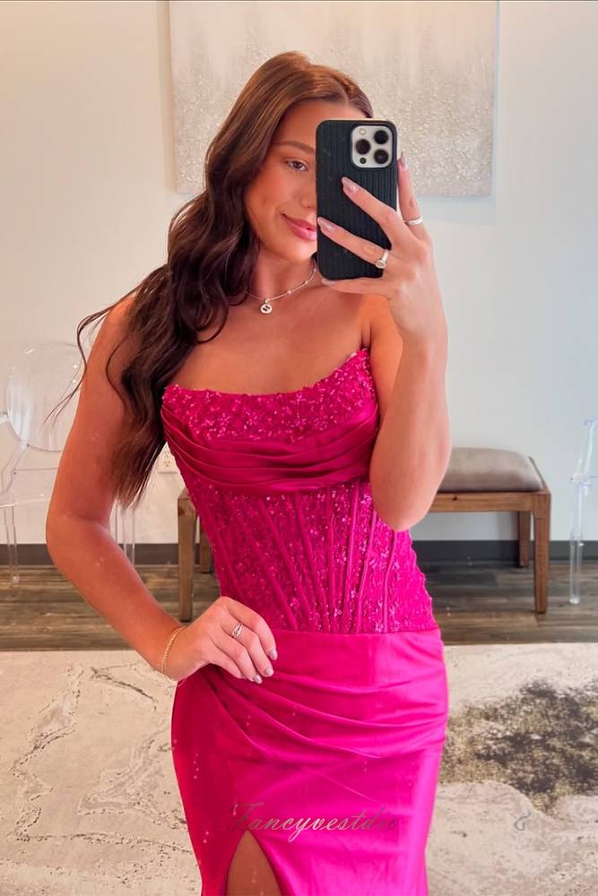 Fuchsia Strapless Applique Mermaid Prom Dress with Slit