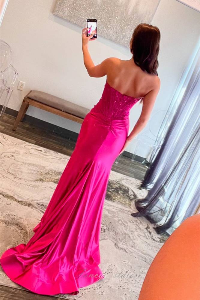 Fuchsia Strapless Applique Mermaid Prom Dress with Slit