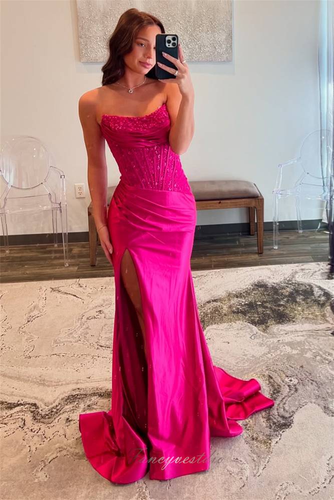 Fuchsia Strapless Applique Mermaid Prom Dress with Slit