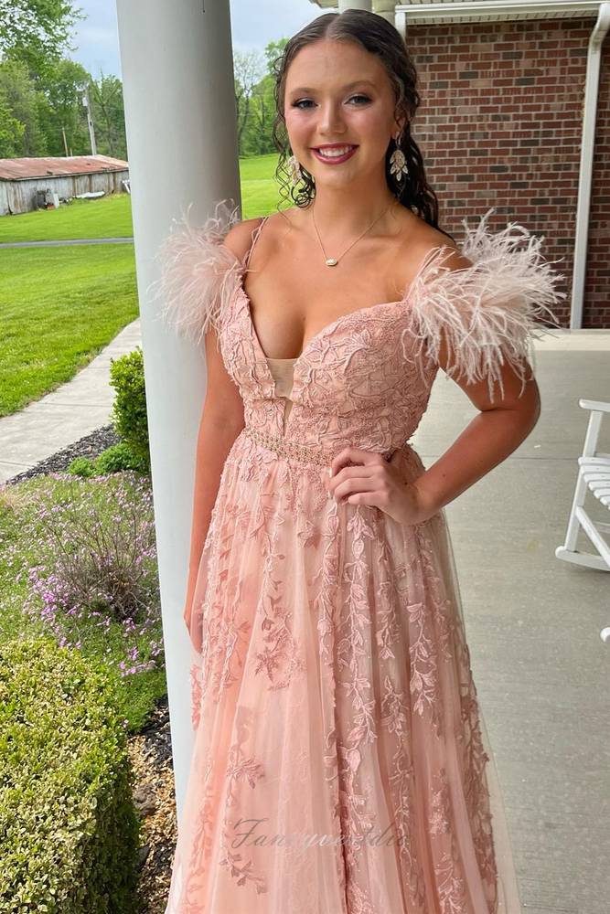 Peach V-Neck Applique A-Line Prom Dress with Feather Off Shoulder