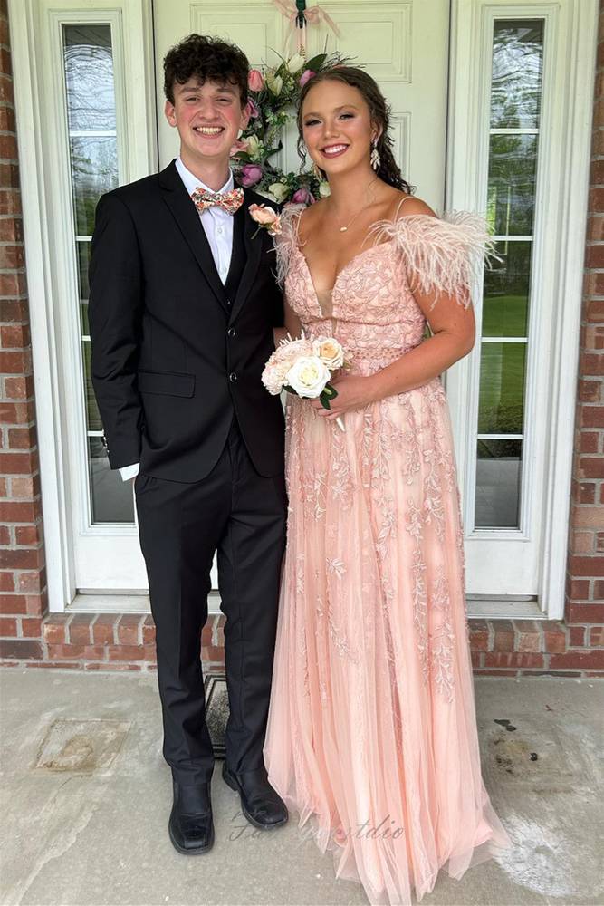 Peach V-Neck Applique A-Line Prom Dress with Feather Off Shoulder