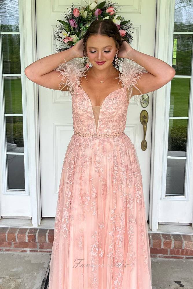 Peach V-Neck Applique A-Line Prom Dress with Feather Off Shoulder