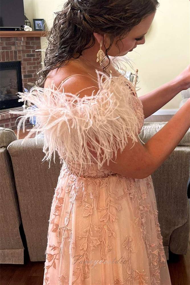 Peach V-Neck Applique A-Line Prom Dress with Feather Off Shoulder