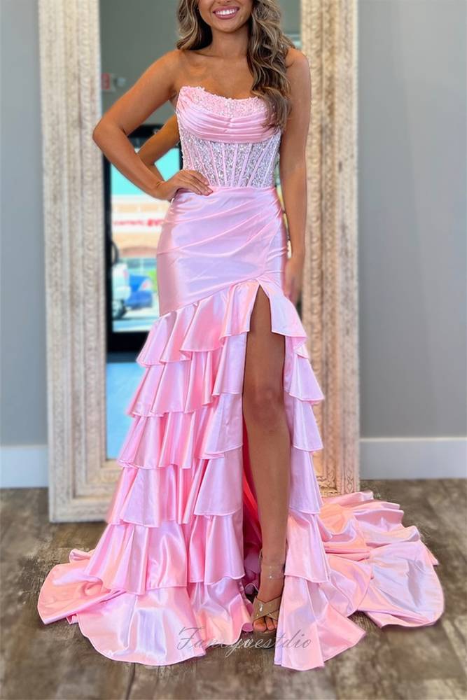 Pink Strapless Applique Ruffle Mermaid Prom Dress with Slit