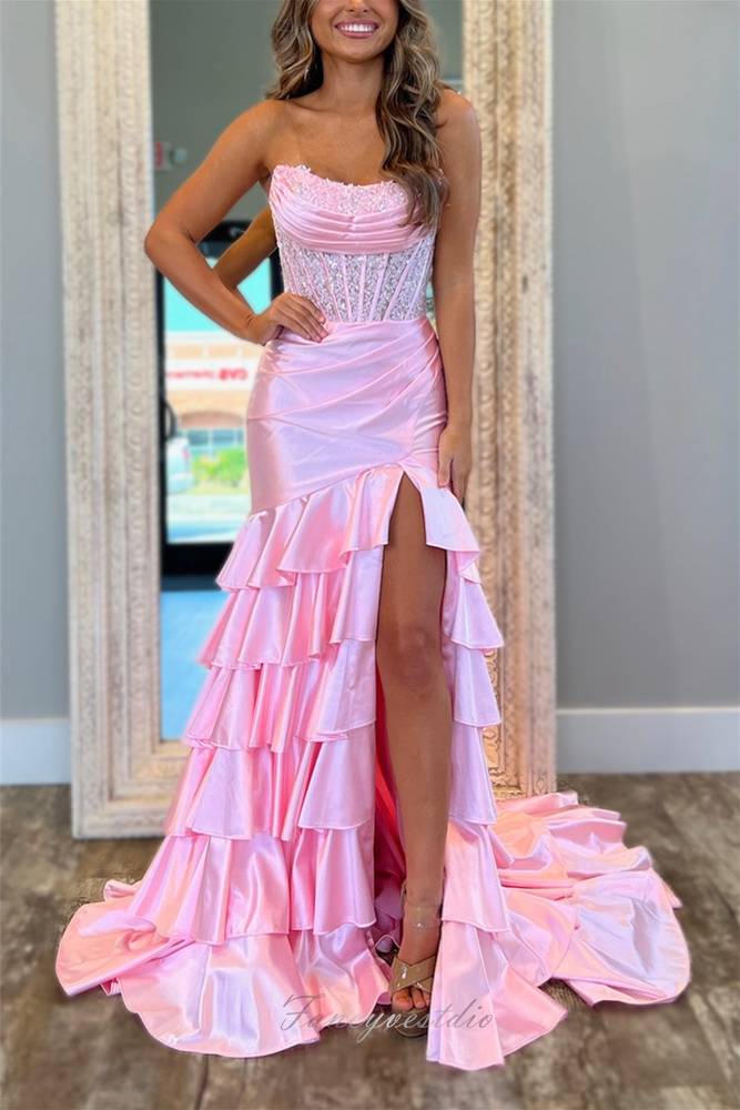 Pink Strapless Applique Ruffle Mermaid Prom Dress with Slit