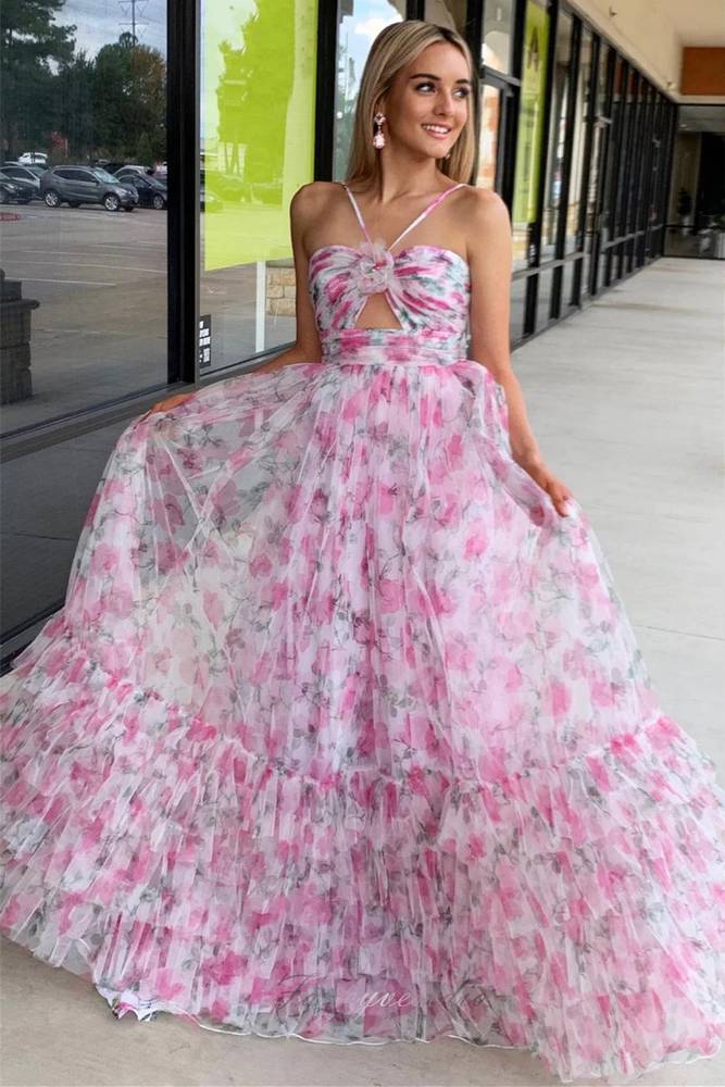 Pink Halter Floral Print A-Line Layered Prom Dress