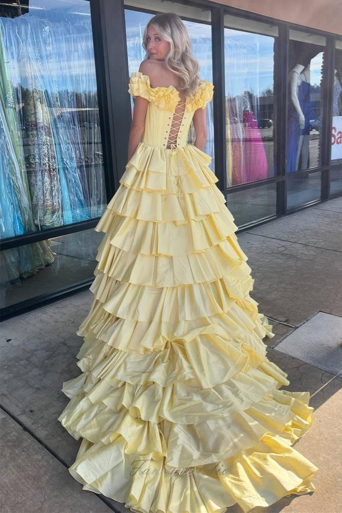 Yellow A-Line Layered Slit Prom Dress with Ruffle Off Shoulder