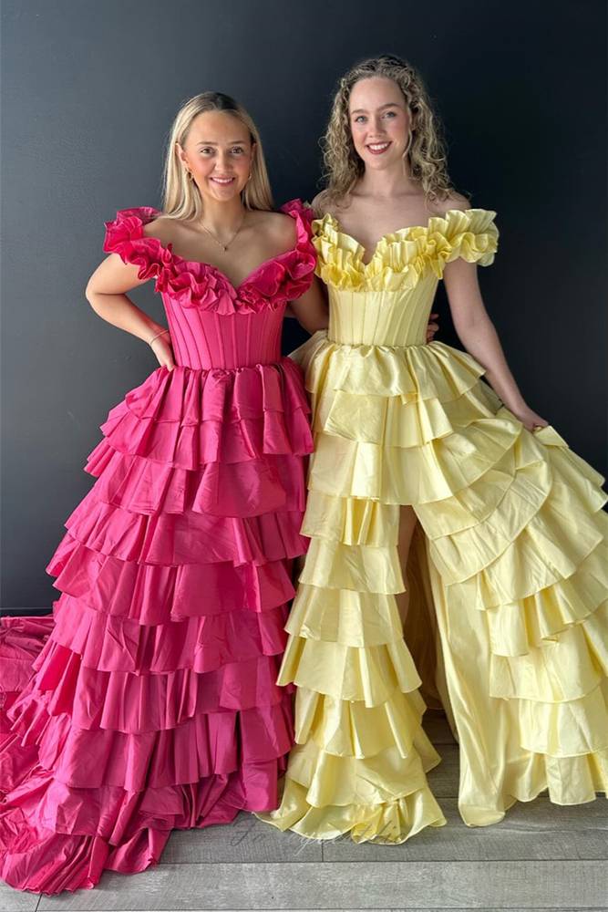 Yellow A-Line Layered Slit Prom Dress with Ruffle Off Shoulder