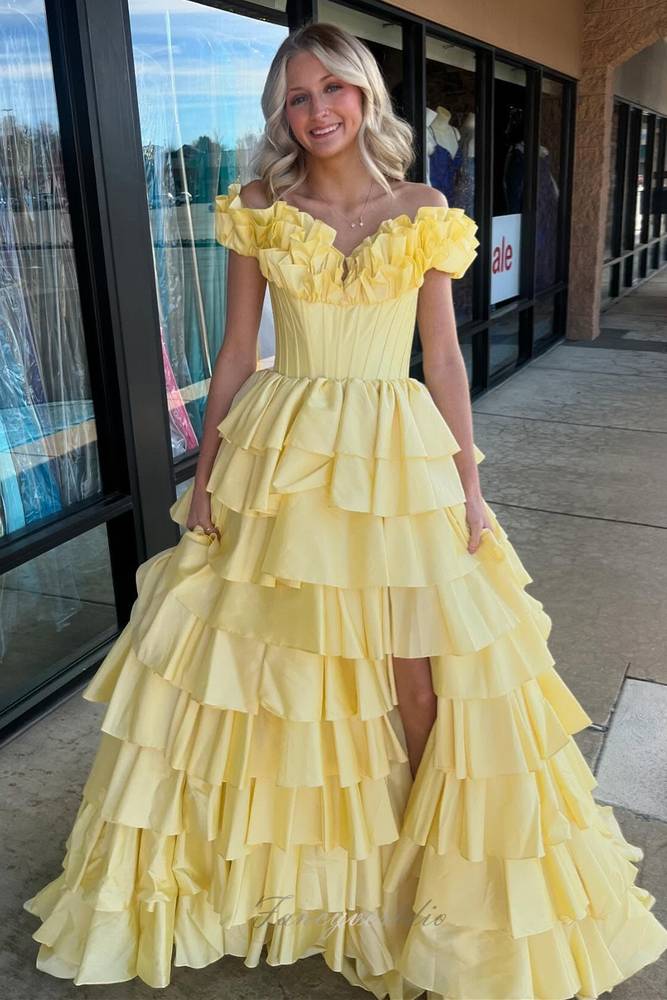 Yellow A-Line Layered Slit Prom Dress with Ruffle Off Shoulder