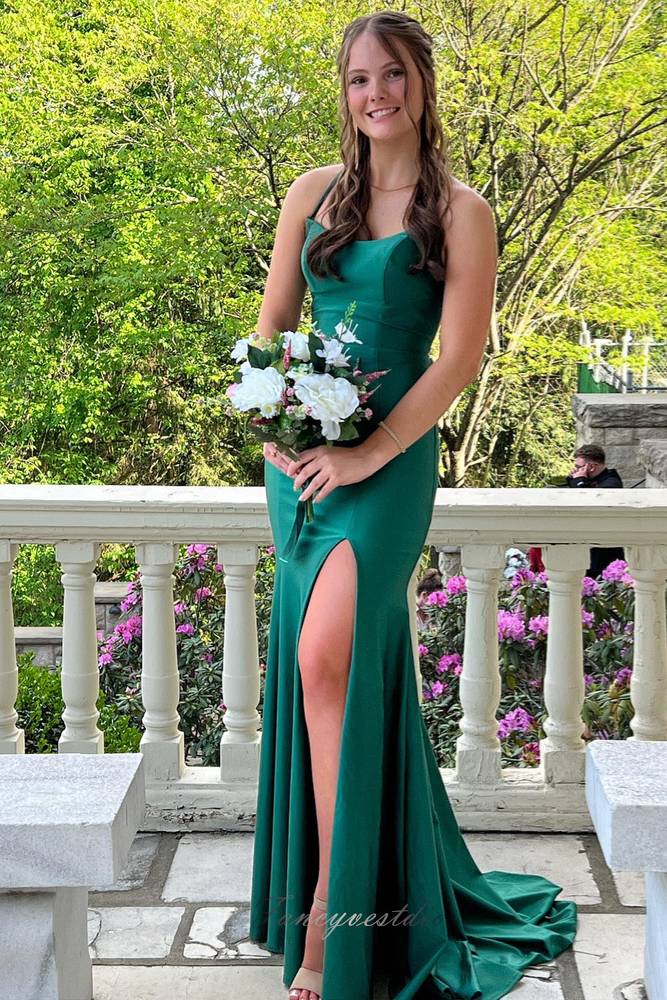 Green Crew Neck Mermaid Slit Prom Dress with Lace-up Back