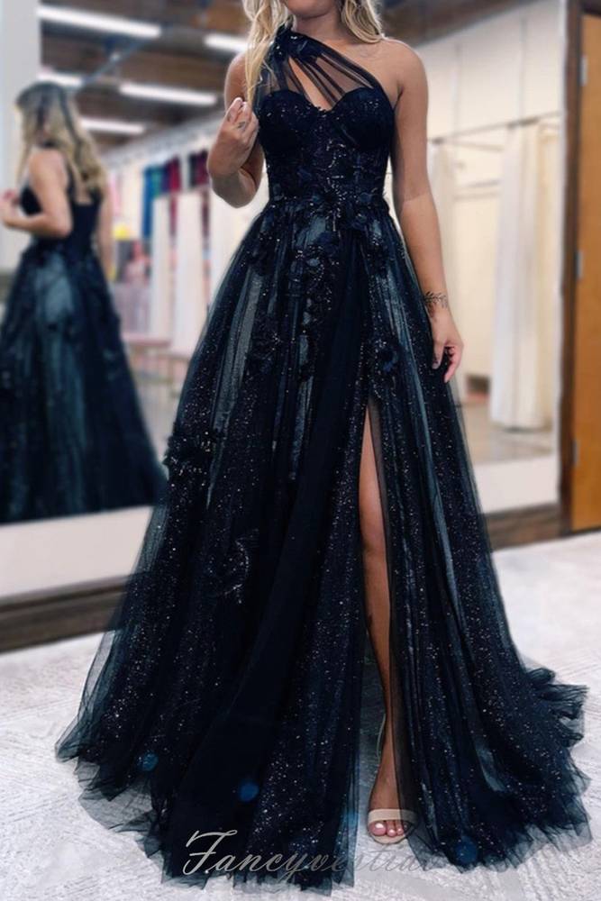 One Shoulder Black Tulle Slit A-Line Prom Dress with 3D Floral