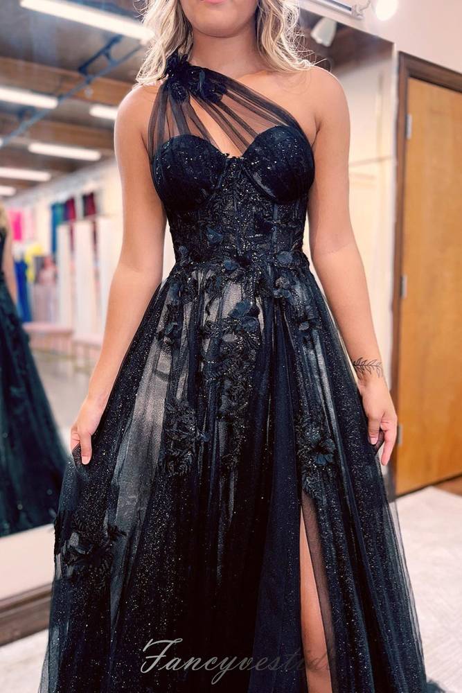 One Shoulder Black Tulle Slit A-Line Prom Dress with 3D Floral