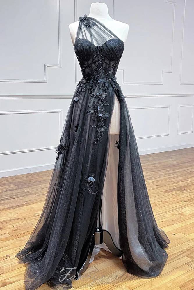 One Shoulder Black Tulle Slit A-Line Prom Dress with 3D Floral