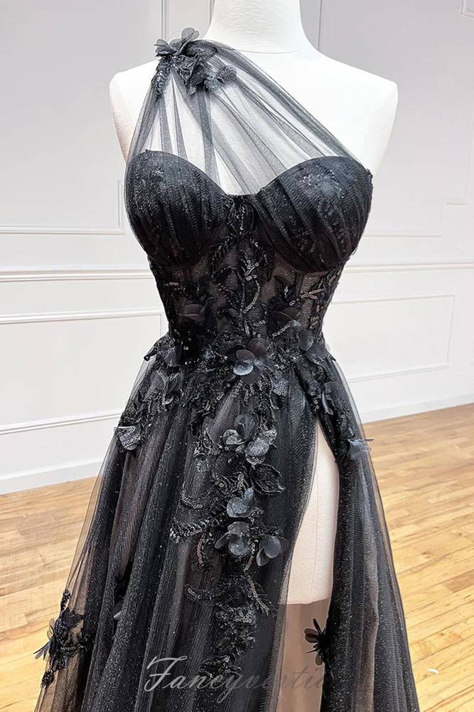 One Shoulder Black Tulle Slit A-Line Prom Dress with 3D Floral