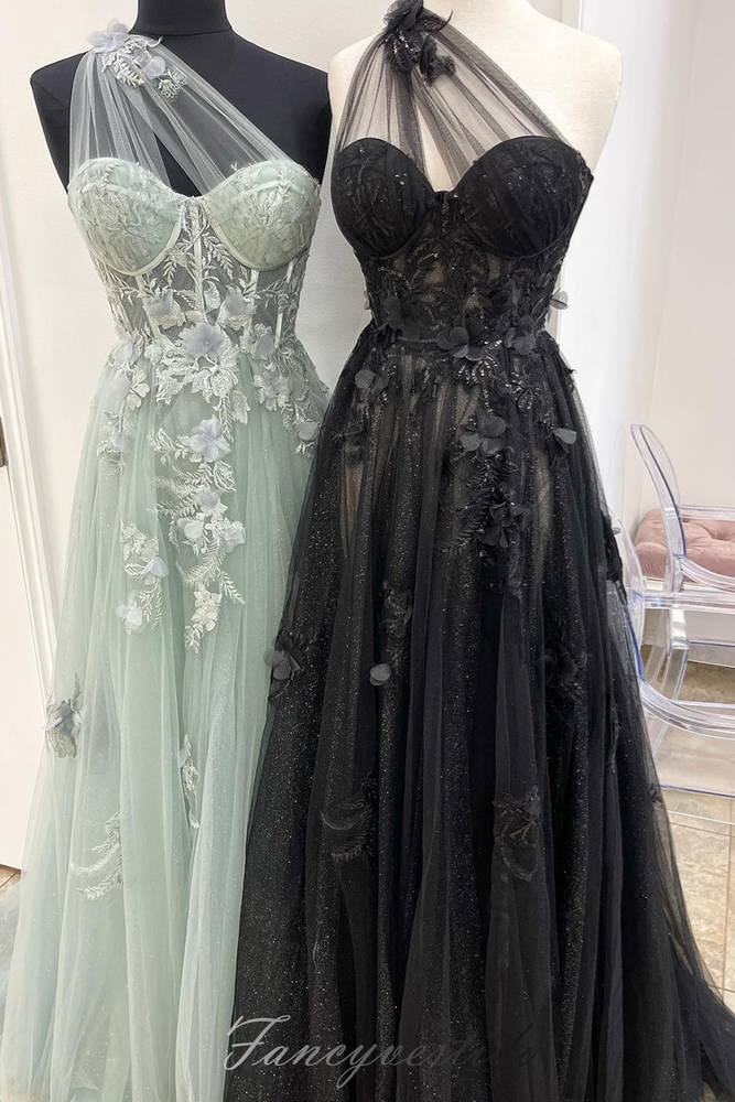 One Shoulder Black Tulle Slit A-Line Prom Dress with 3D Floral