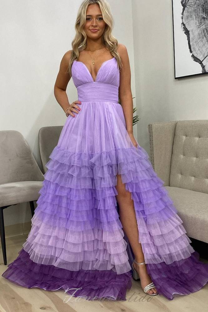 Straps Lavender Ruffle Multi-Layered A-Line Prom Dress