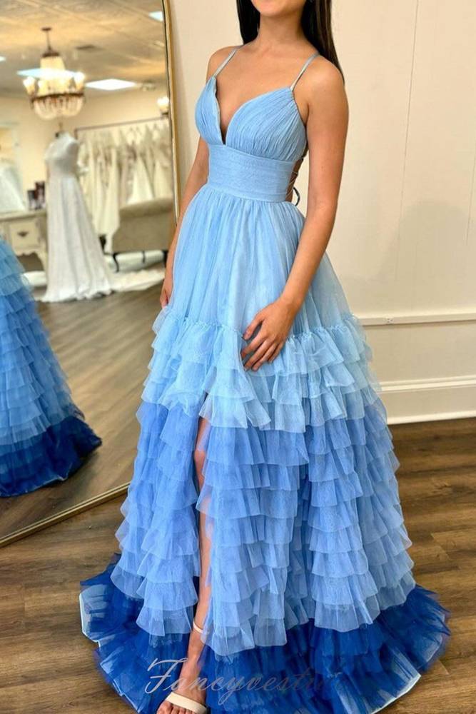 Straps Lavender Ruffle Multi-Layered A-Line Prom Dress