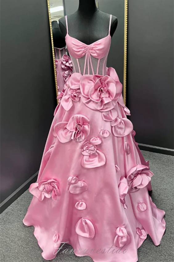 Spaghetti Straps Pink A-Line Prom Dress with 3D Floral