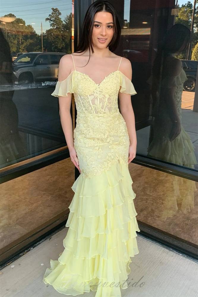 Yellow Lace Applique Ruffle Mermaid Prom Dress with Cold Shoulder