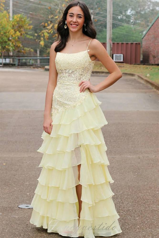 Yellow Spaghetti Straps Lace Ruffle Mermaid Prom Dress with Slit