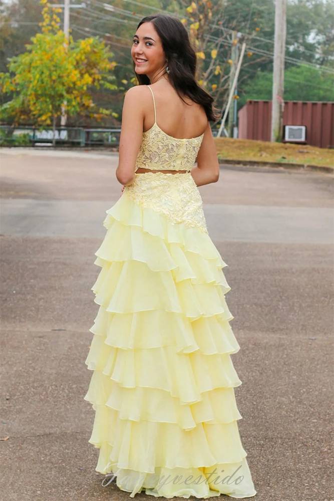 Yellow Spaghetti Straps Lace Ruffle Mermaid Prom Dress with Slit