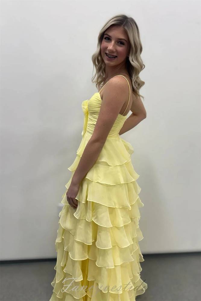 Yellow Straps Chiffon Ruffle Prom Dress with Slit