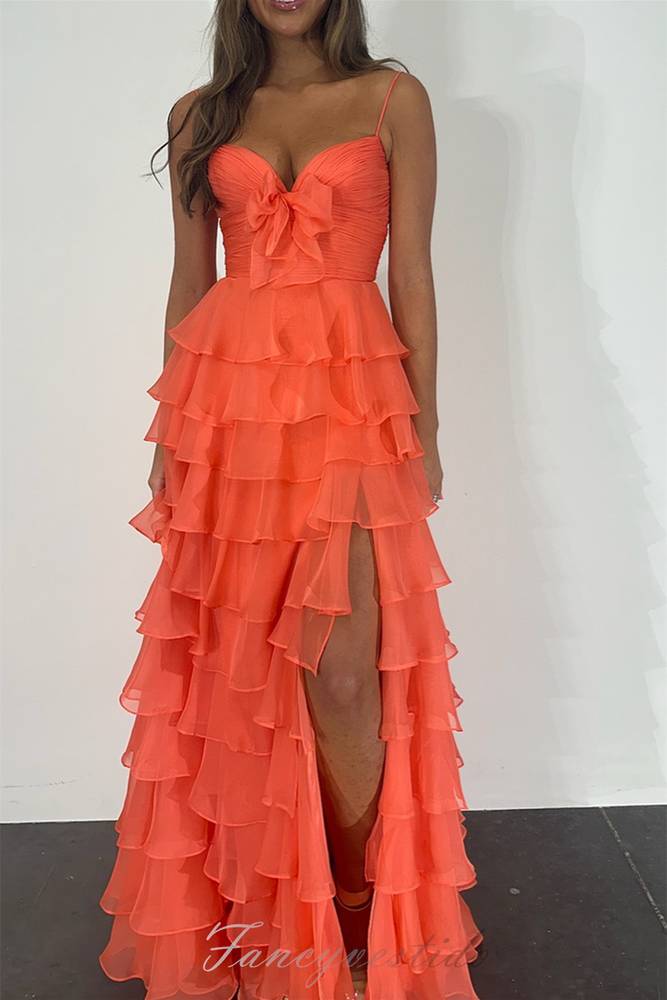 Yellow Straps Chiffon Ruffle Prom Dress with Slit