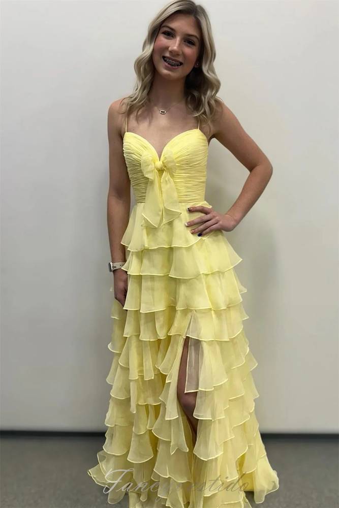 Yellow Straps Chiffon Ruffle Prom Dress with Slit