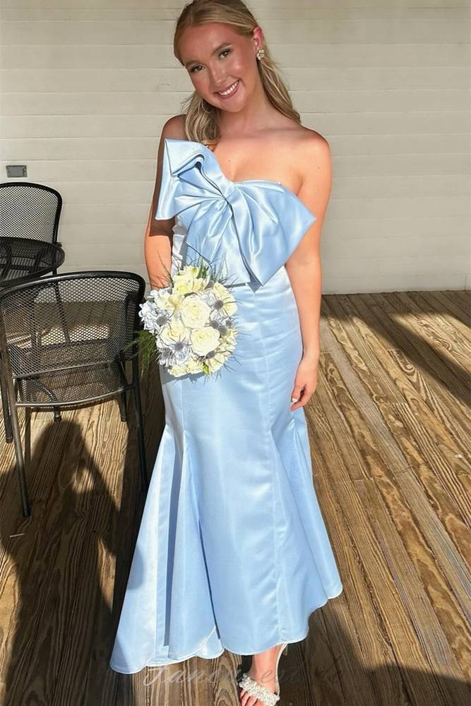 Sky Blue Strapless Satin Long Prom Dress with Bow