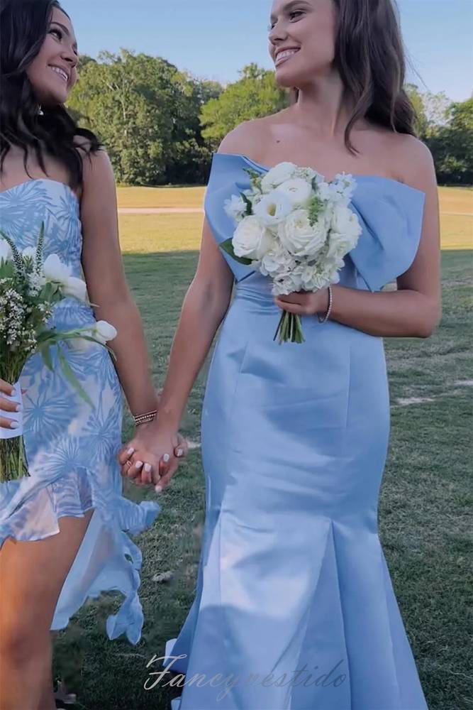 Sky Blue Strapless Satin Long Prom Dress with Bow