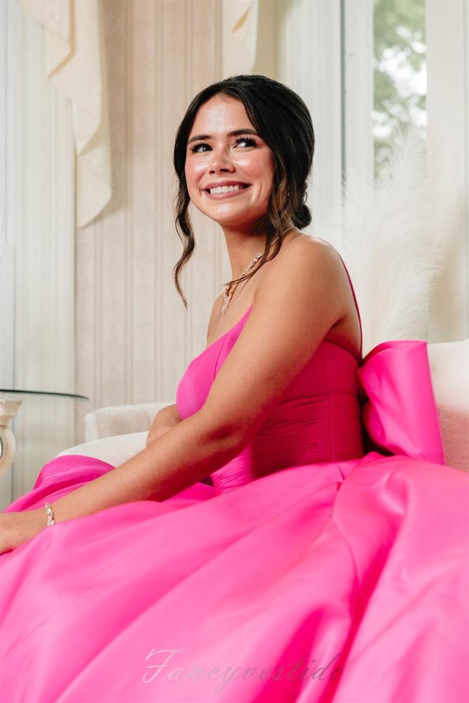 Crew Neck Hot Pink Satin A-line Prom Dress with Bow