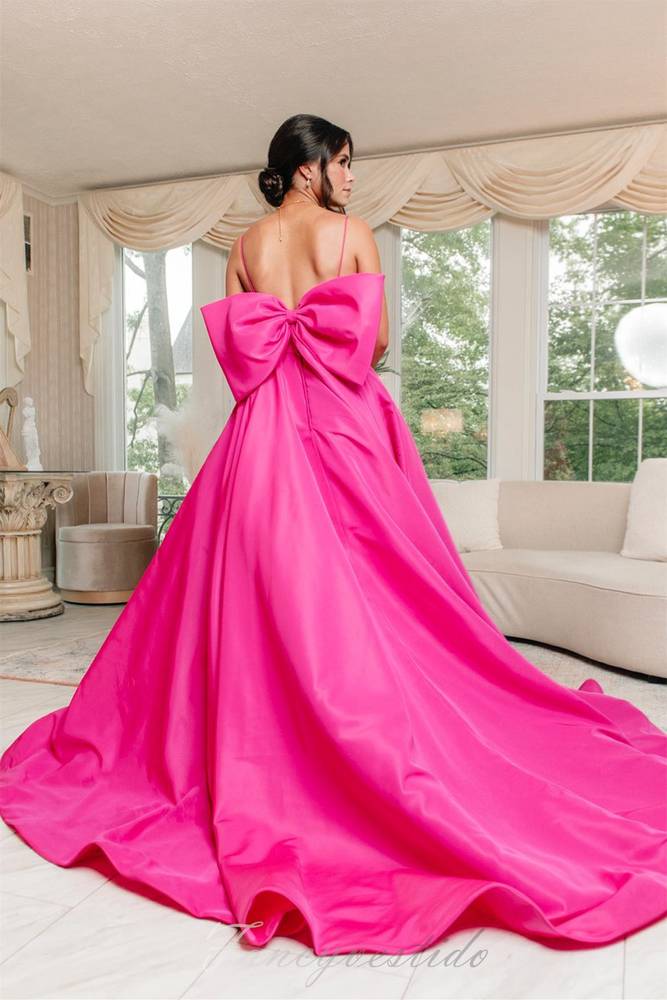 Crew Neck Hot Pink Satin A-line Prom Dress with Bow