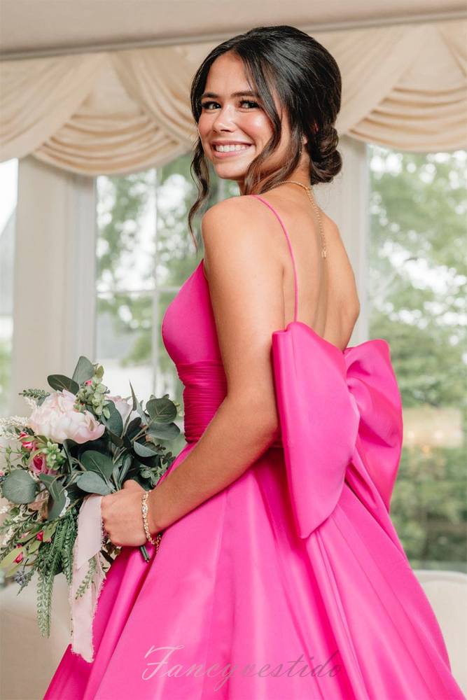 Crew Neck Hot Pink Satin A-line Prom Dress with Bow