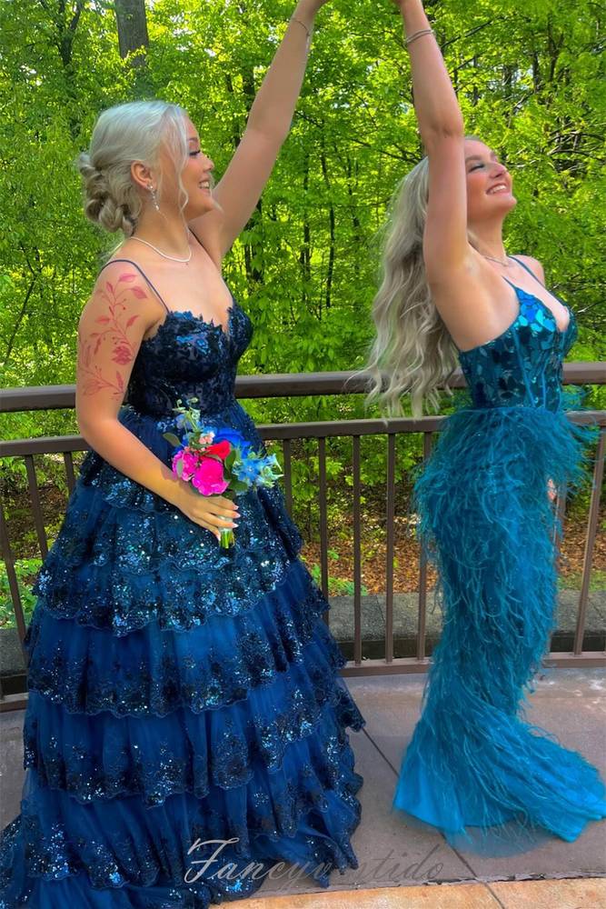 Blue Metallic Sequin Feather Mermaid Prom Dress with Slit