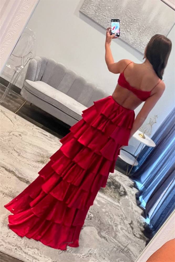 Straps V-Neck Red A-Line Ruffle Layered Prom Dress