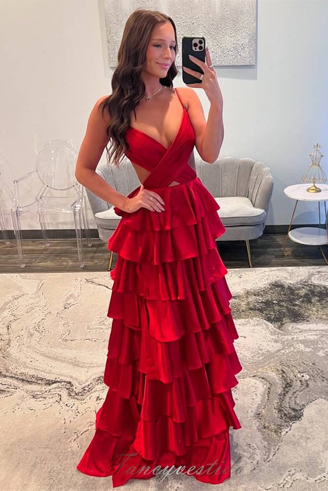 Straps V-Neck Red A-Line Ruffle Layered Prom Dress